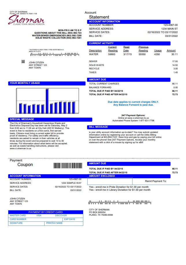 USA City of Sherman utility bill template in Word and PDF format